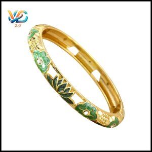 Vintage Chunky Bangle Bracelet Gold Plated Hollow Stackable Lotus Enamel